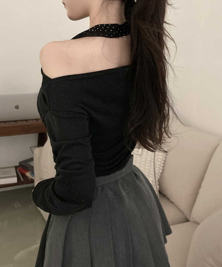 포카 도트 홀터 레이어드 드레이프 티셔츠 블랙