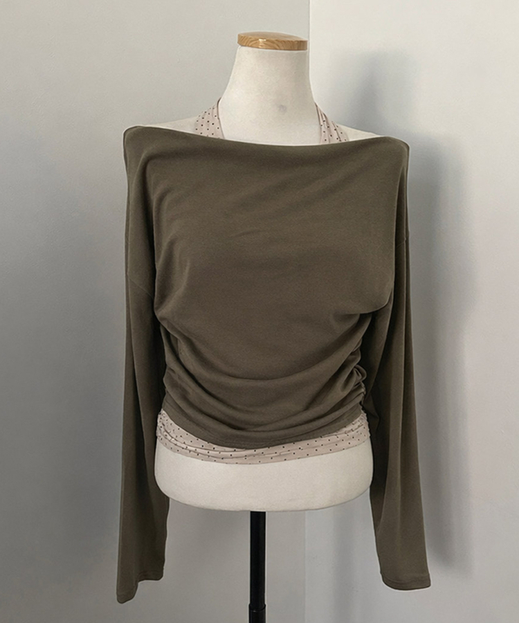 포카 도트 홀터 레이어드 드레이프 티셔츠