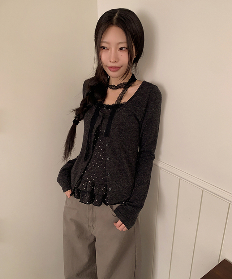 【SET】ドットキャミソール カーディガン BLACK