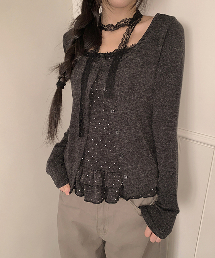 【SET】ドットキャミソール カーディガン BLACK