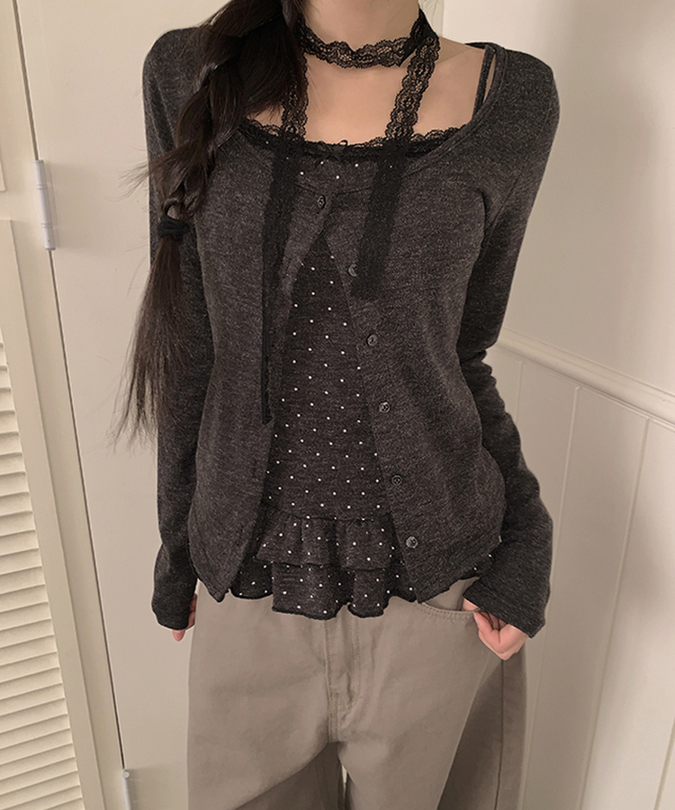 【SET】ドットキャミソール カーディガン BLACK