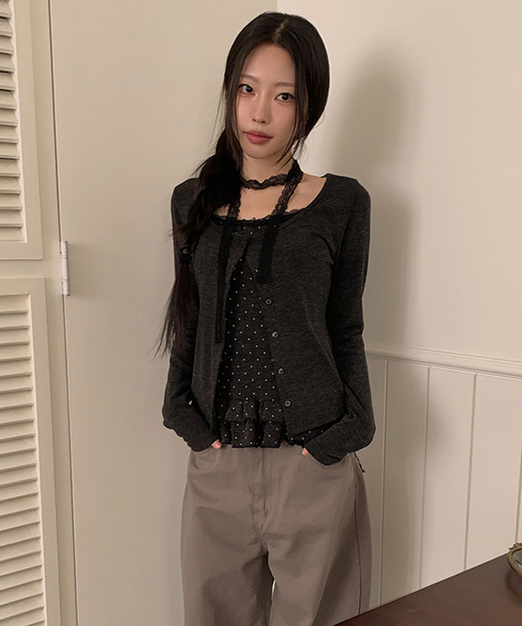 【SET】ドットキャミソール カーディガン BLACK