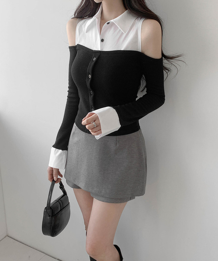 バイカラーショルダースリットブラウス BLACK