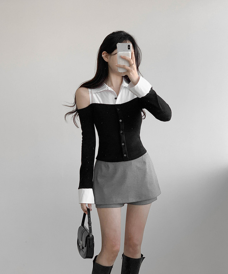 バイカラーショルダースリットブラウス BLACK