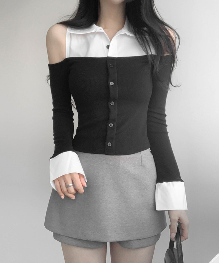 バイカラーショルダースリットブラウス BLACK