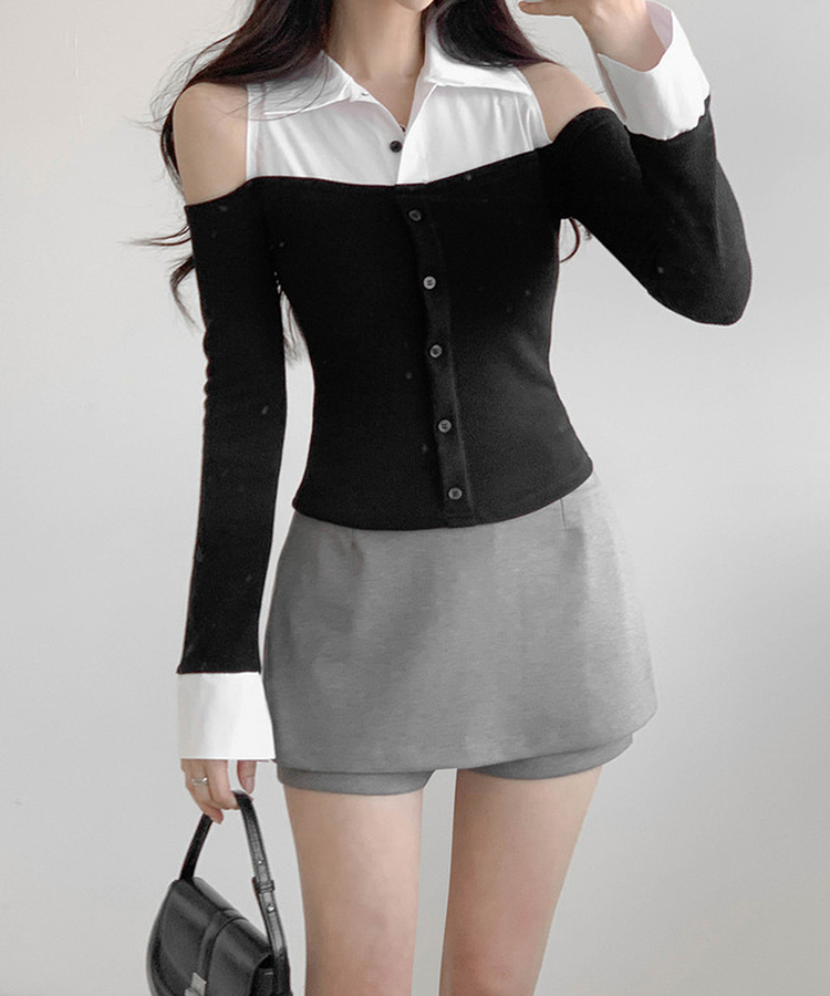 バイカラーショルダースリットブラウス BLACK