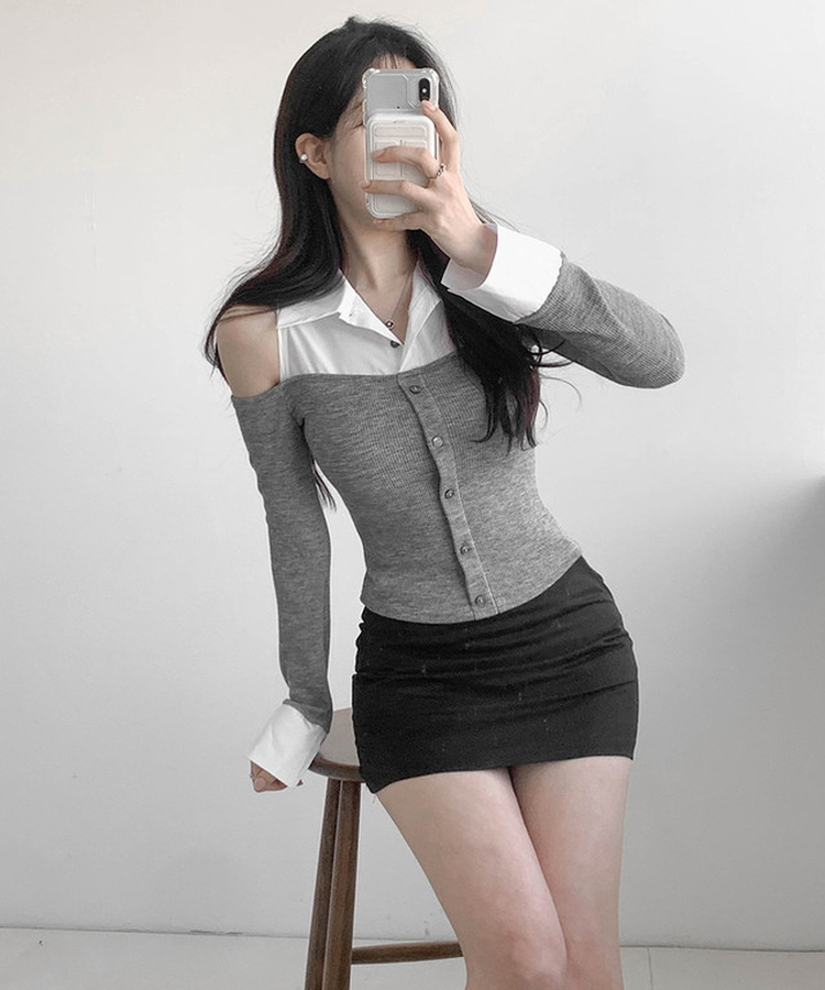 バイカラーショルダースリットブラウス MELANGE