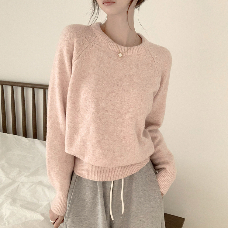 포근 오버핏 겨울 라운드 울 데일리 루즈핏 긴팔 니트 허리잘록 긴팔티 핑크