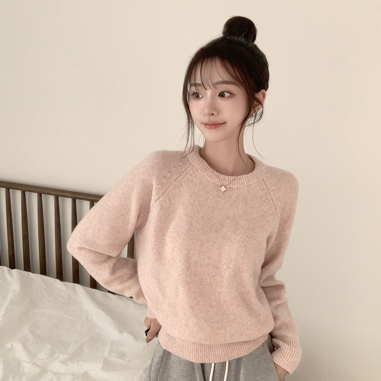 포근 오버핏 겨울 라운드 울 데일리 루즈핏 긴팔 니트 허리잘록 긴팔티 핑크