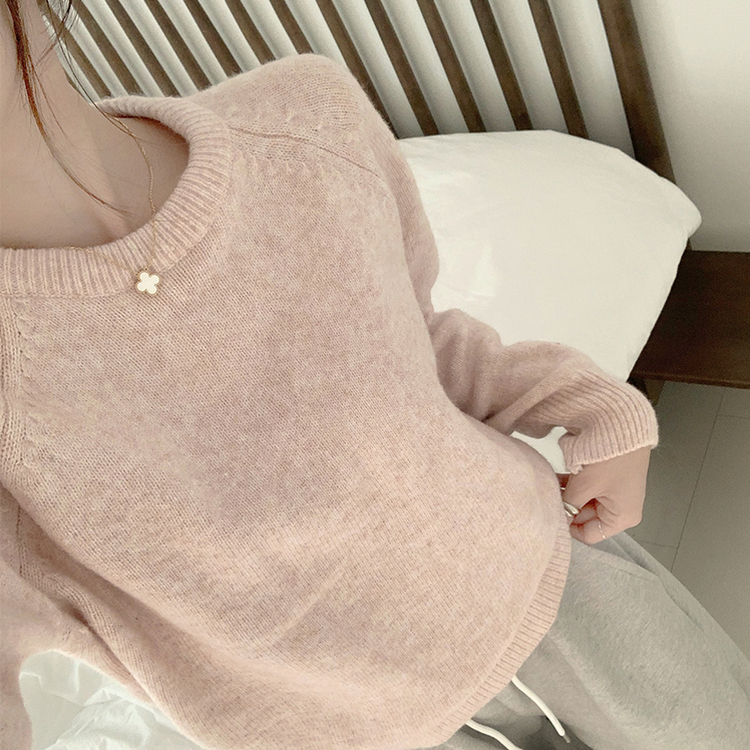 포근 오버핏 겨울 라운드 울 데일리 루즈핏 긴팔 니트 허리잘록 긴팔티 핑크