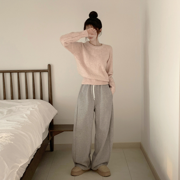 포근 오버핏 겨울 라운드 울 데일리 루즈핏 긴팔 니트 허리잘록 긴팔티 핑크