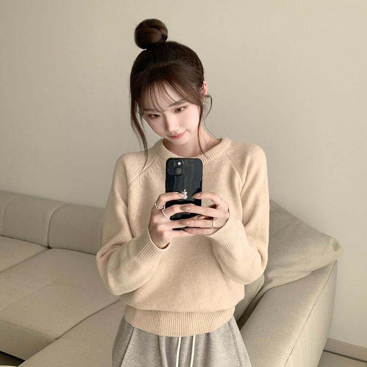 포근 오버핏 겨울 라운드 울 데일리 루즈핏 긴팔 니트 허리잘록 긴팔티 베이지