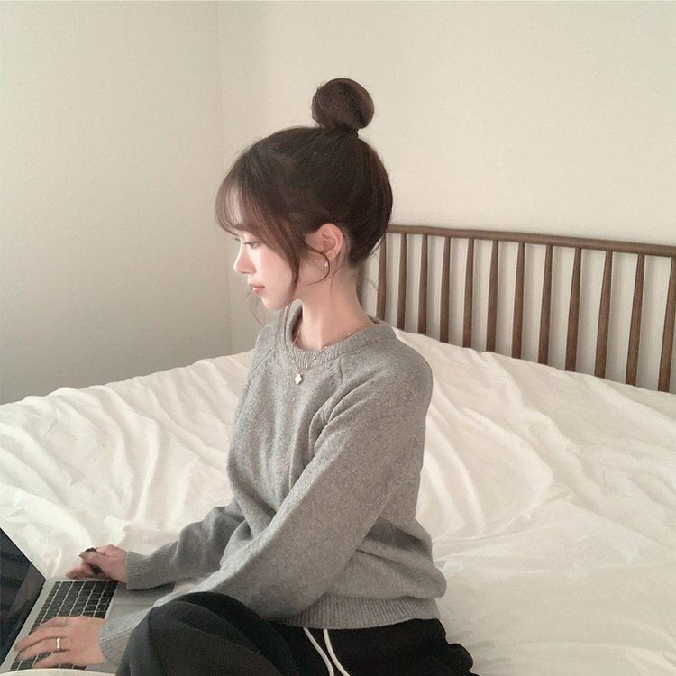 포근 오버핏 겨울 라운드 울 데일리 루즈핏 긴팔 니트 허리잘록 긴팔티 그레이