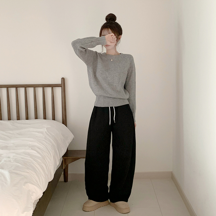 포근 오버핏 겨울 라운드 울 데일리 루즈핏 긴팔 니트 허리잘록 긴팔티 그레이