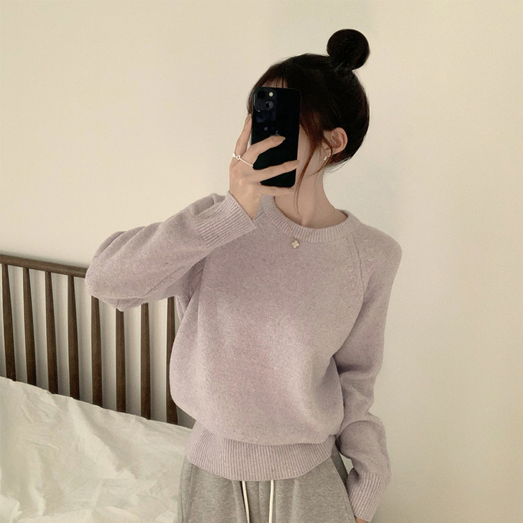 포근 오버핏 겨울 라운드 울 데일리 루즈핏 긴팔 니트 허리잘록 긴팔티 퍼플