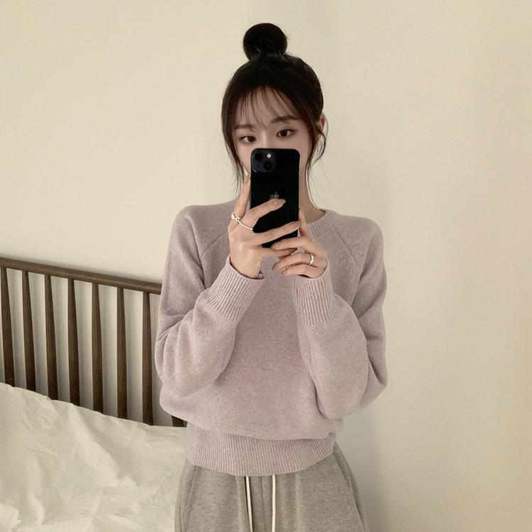 포근 오버핏 겨울 라운드 울 데일리 루즈핏 긴팔 니트 허리잘록 긴팔티 퍼플