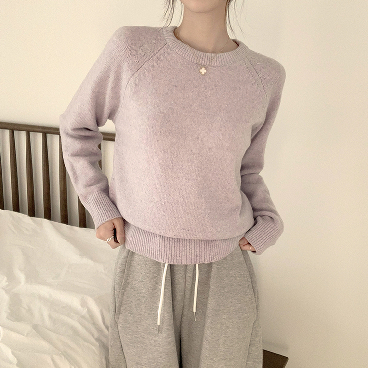 포근 오버핏 겨울 라운드 울 데일리 루즈핏 긴팔 니트 허리잘록 긴팔티 퍼플