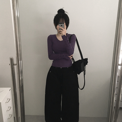 ボタン袖スリムデイリー長袖Tシャツ(7color) PURPLE