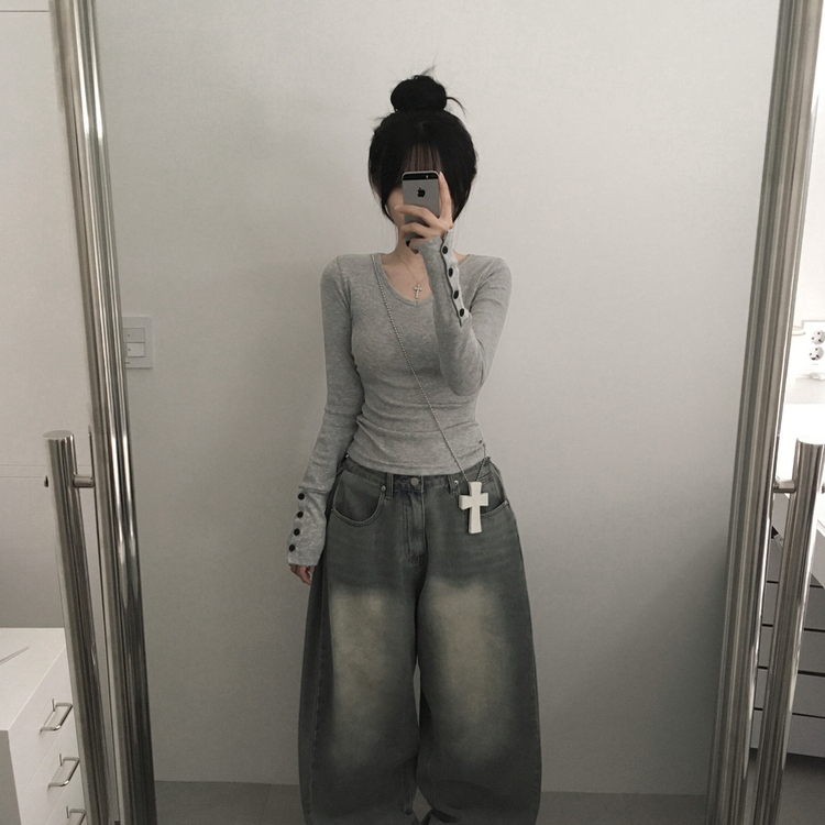 ボタン袖スリムデイリー長袖Tシャツ(7color) MERANGE GRAY