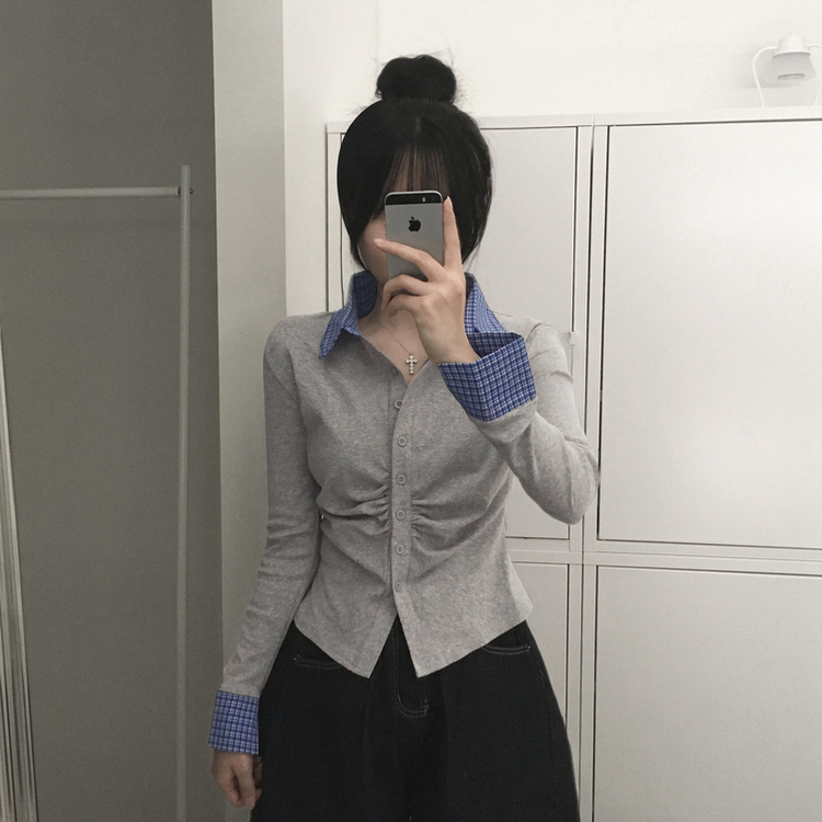 チェックシャツレイヤードカーディガン GREY