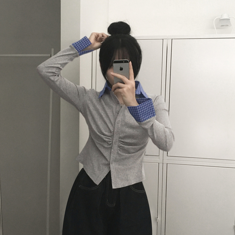 チェックシャツレイヤードカーディガン GREY