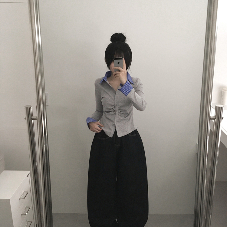 チェックシャツレイヤードカーディガン GREY