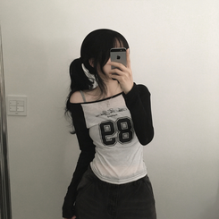 シースルーナンバーラグラン長袖Tシャツ BLACK