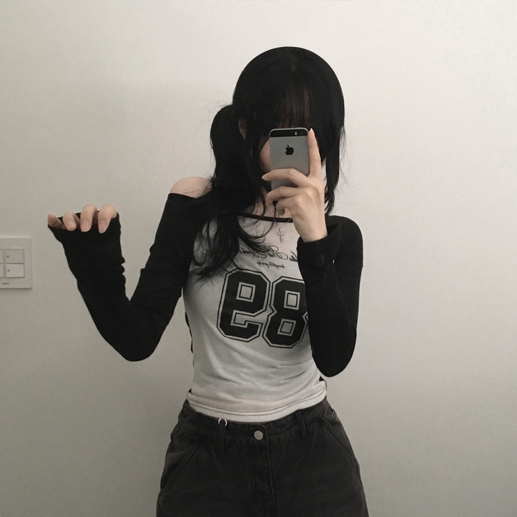 シースルーナンバーラグラン長袖Tシャツ BLACK