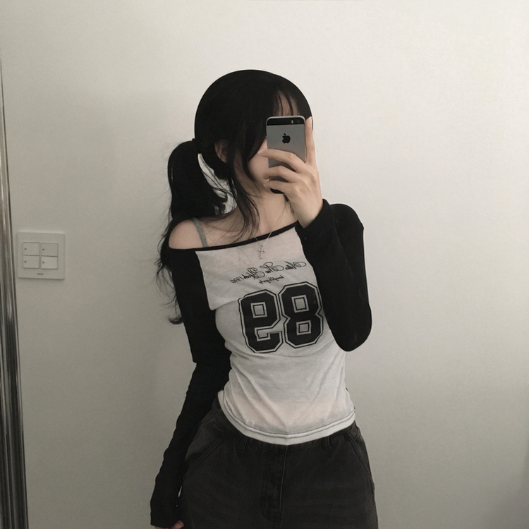 シースルーナンバーラグラン長袖Tシャツ BLACK