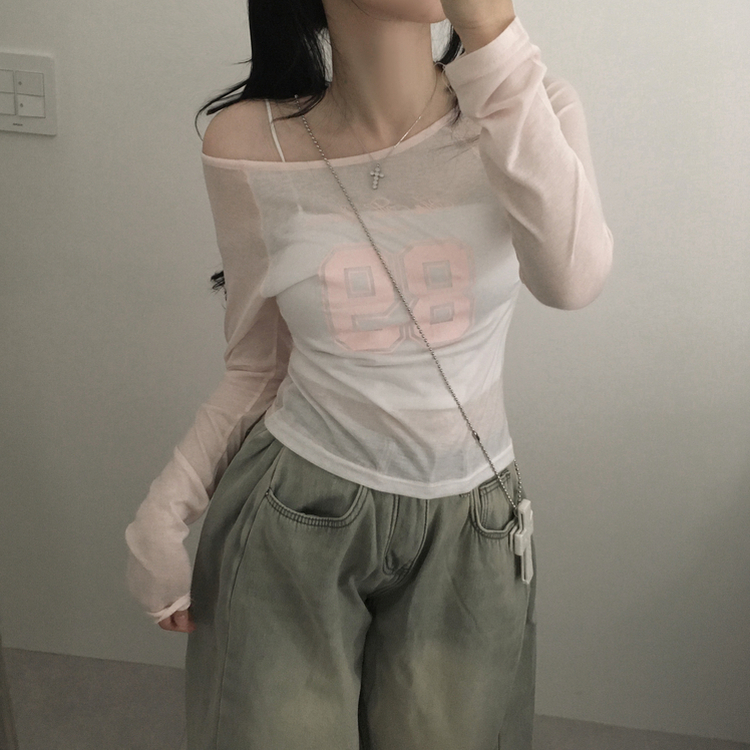 シースルーナンバーラグラン長袖Tシャツ PINK