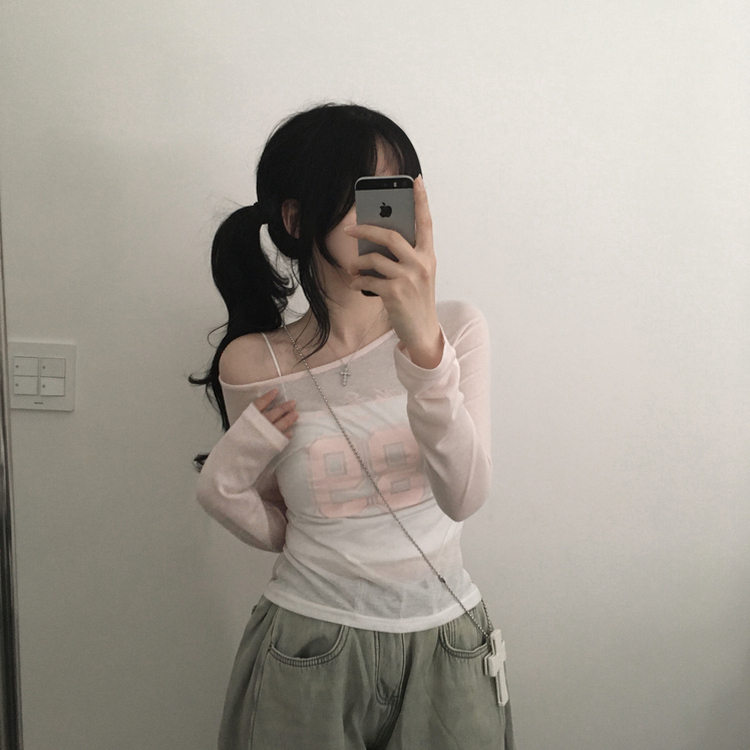 シースルーナンバーラグラン長袖Tシャツ PINK