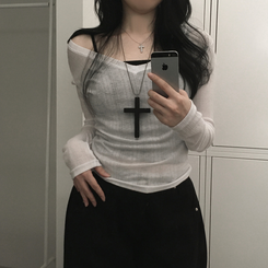 シースルーディープVネックリブ長袖Tシャツ IVORY