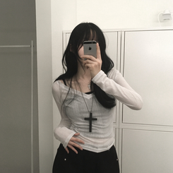 シースルーディープVネックリブ長袖Tシャツ IVORY