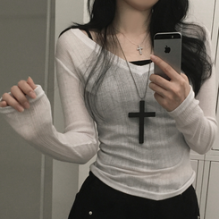 シースルーディープVネックリブ長袖Tシャツ IVORY