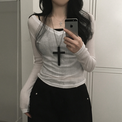 シースルーディープVネックリブ長袖Tシャツ IVORY