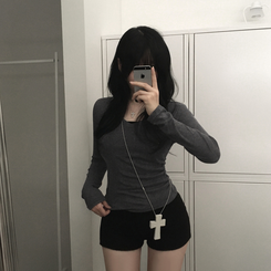 シースルーディープVネックリブ長袖Tシャツ CHARCOAL