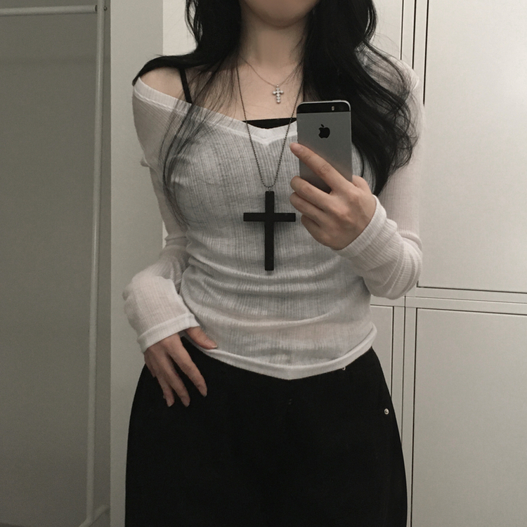 シースルーディープVネックリブ長袖Tシャツ IVORY