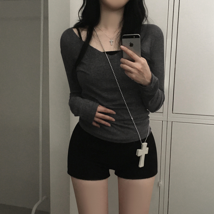 シースルーディープVネックリブ長袖Tシャツ CHARCOAL