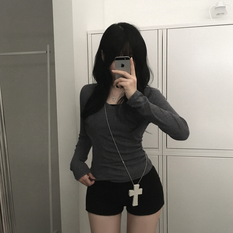 シースルーディープVネックリブ長袖Tシャツ CHARCOAL