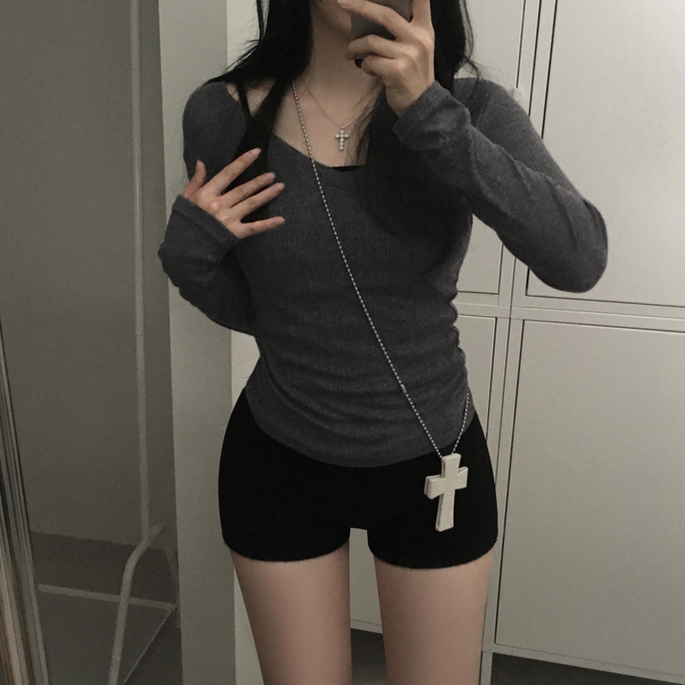 シースルーディープVネックリブ長袖Tシャツ CHARCOAL