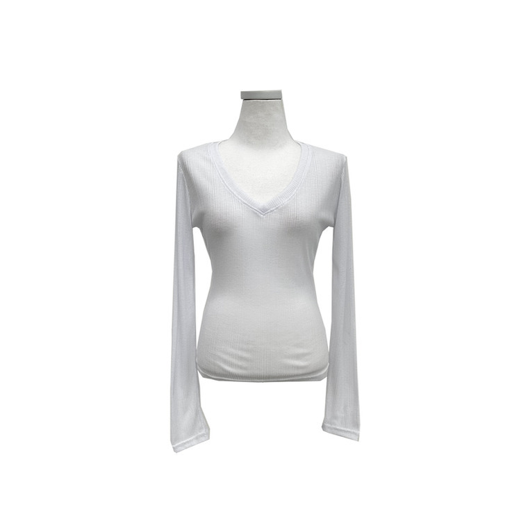 シースルーディープVネックリブ長袖Tシャツ