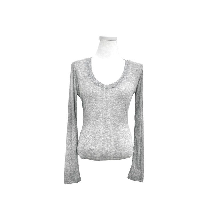 シースルーディープVネックリブ長袖Tシャツ
