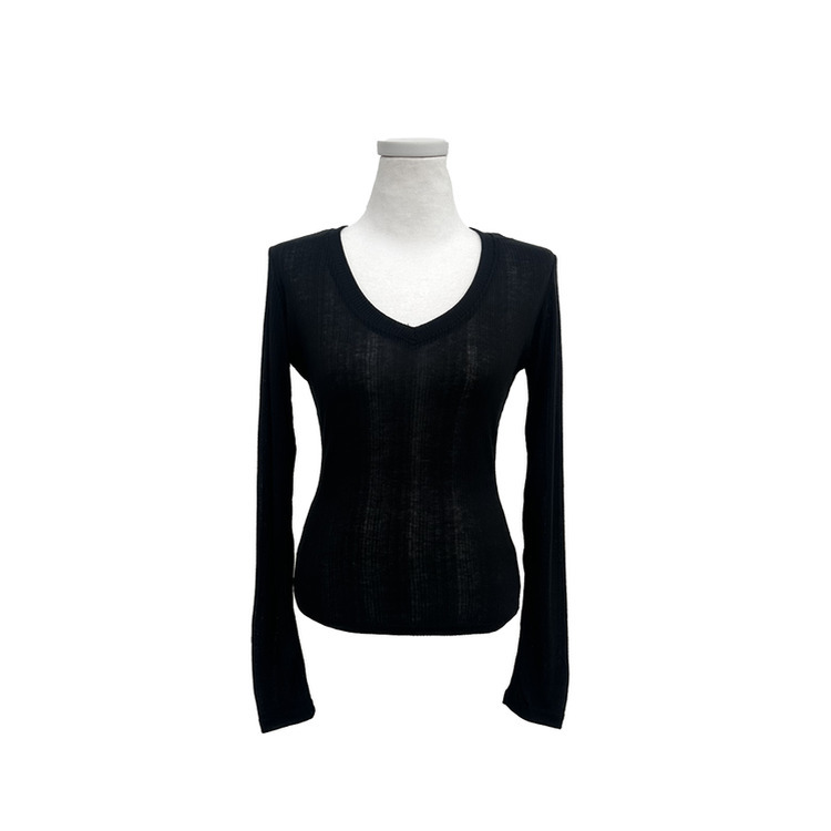 シースルーディープVネックリブ長袖Tシャツ