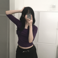 Uネックスリットスリム7分袖Tシャツ(6color) PURPLE