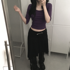 Uネックスリットスリム7分袖Tシャツ(6color) PURPLE