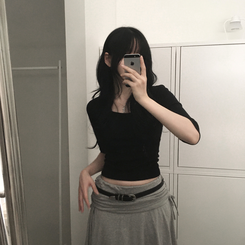 Uネックスリットスリム7分袖Tシャツ(6color) BLACK