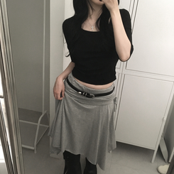 Uネックスリットスリム7分袖Tシャツ(6color) BLACK