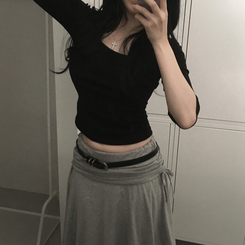 Uネックスリットスリム7分袖Tシャツ(6color) BLACK