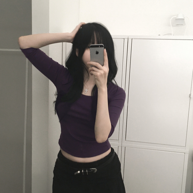 Uネックスリットスリム7分袖Tシャツ(6color) PURPLE