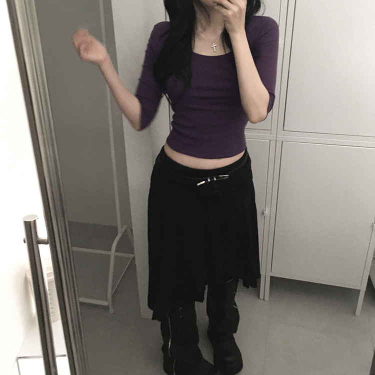 Uネックスリットスリム7分袖Tシャツ(6color) PURPLE